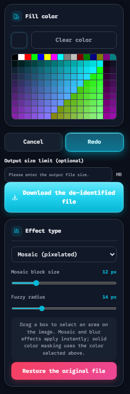 Face Redaction Effect Panel — Fill Color, Mosaic, and Blur Controls